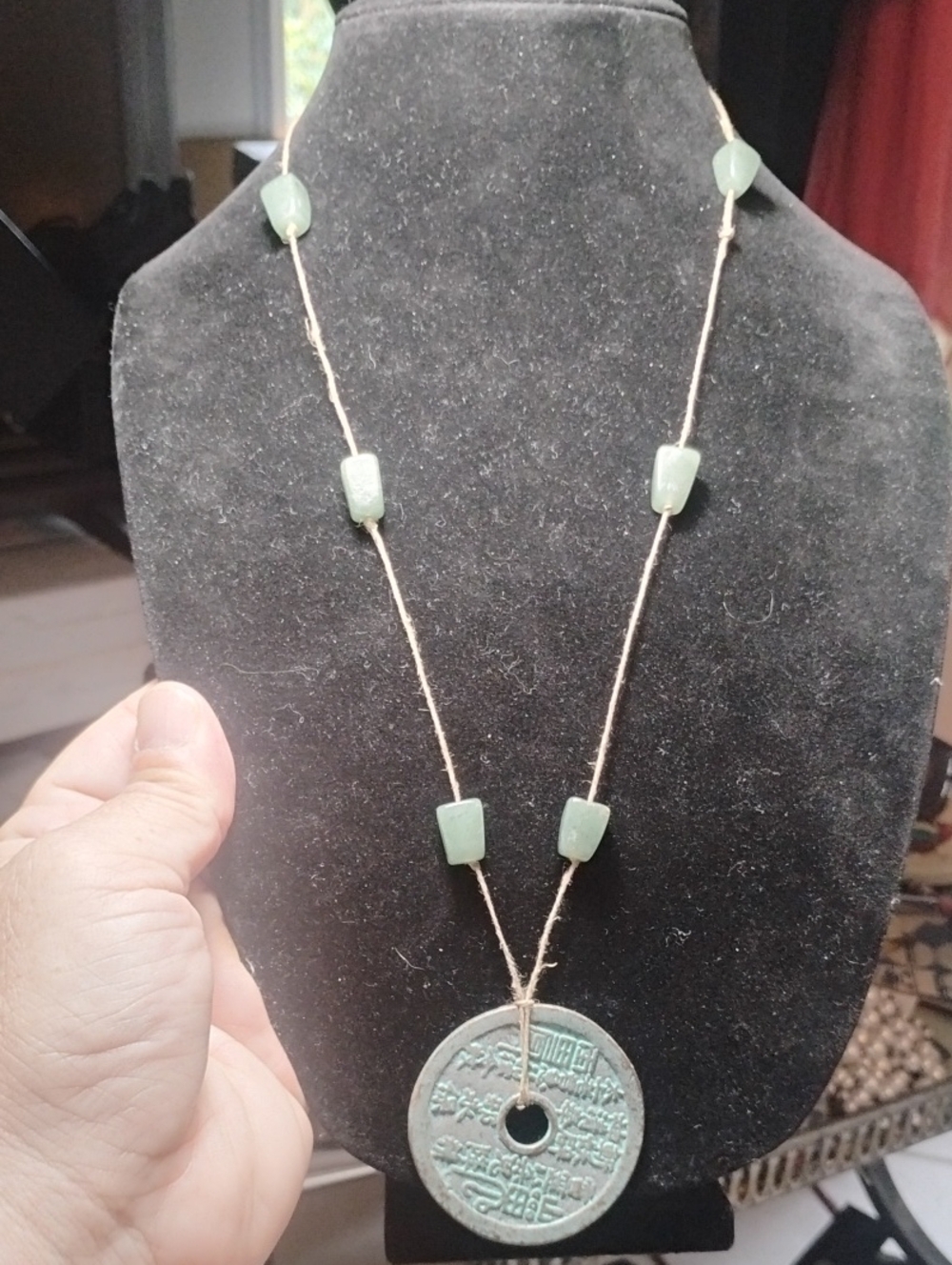Shan Gui Huayan Bagua pendant, paired with green jade bead On String Necklace